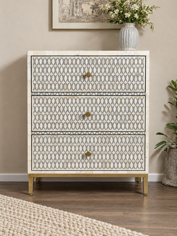 Handmade Grey Bone Inlay 3 Drawer Bedside Table with Brass Legs