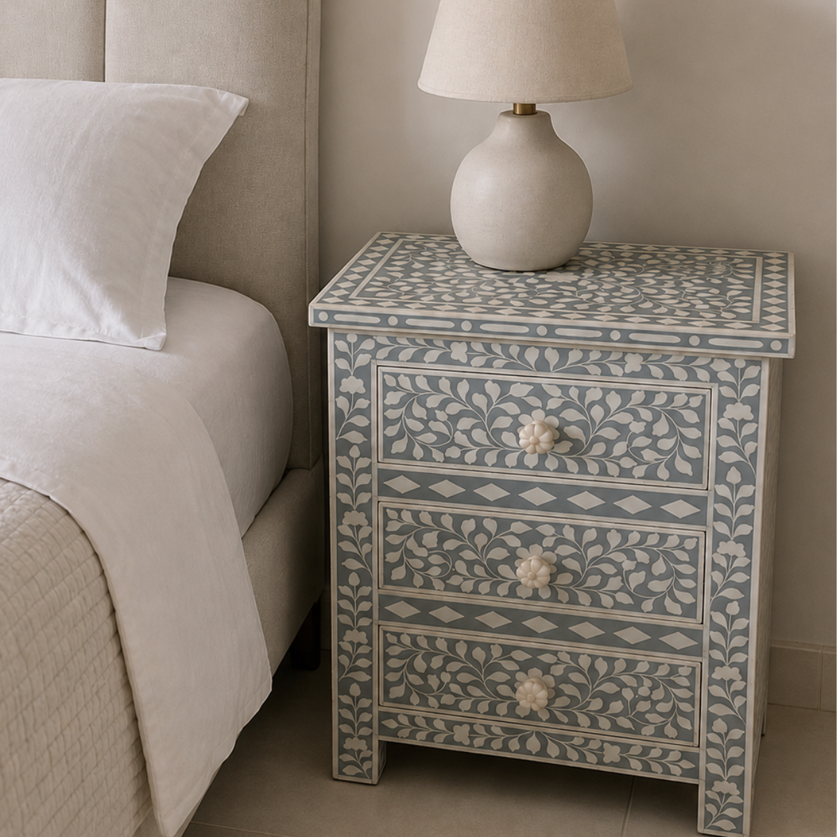 Handmade Grey Bone Inlay 3 Drawer Bedside Table | Floral Nightstand
