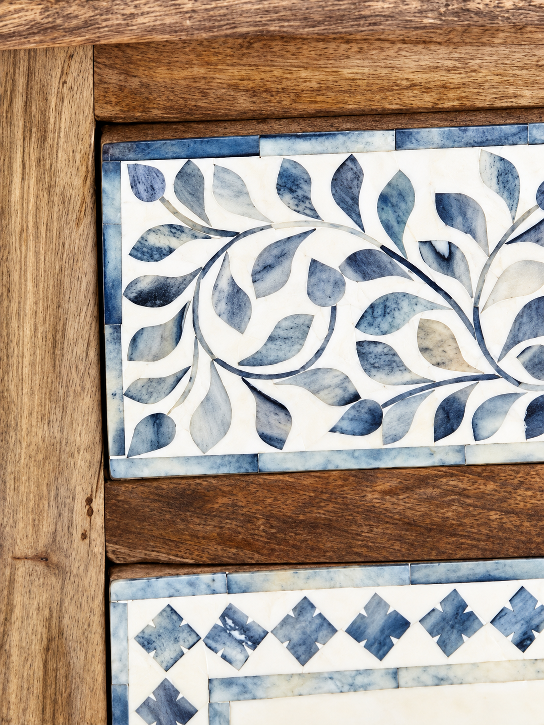 Handmade Blue Bone Inlay Bedside Table – Floral Wooden 2 Drawer Nightstand