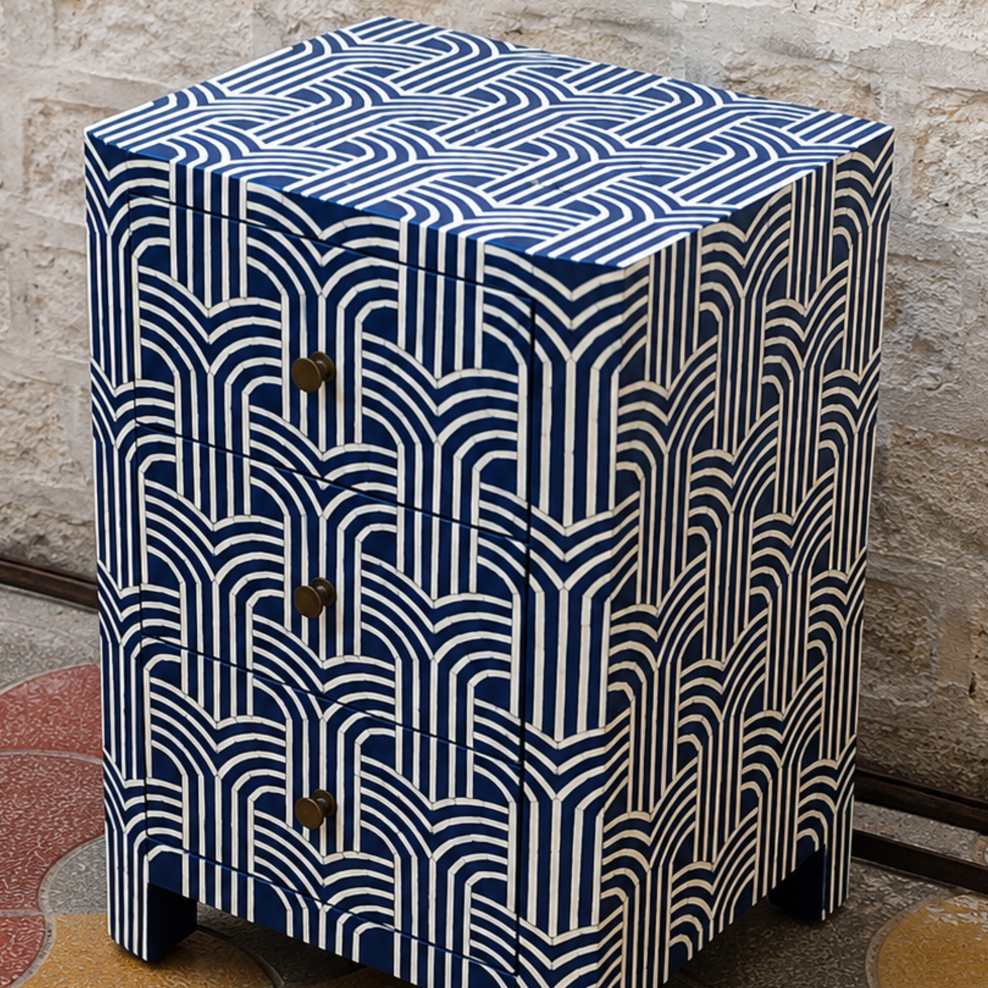 Navy Blue Geometric Bone Inlay Bedside Table – Handmade 3-Drawer Nightstand
