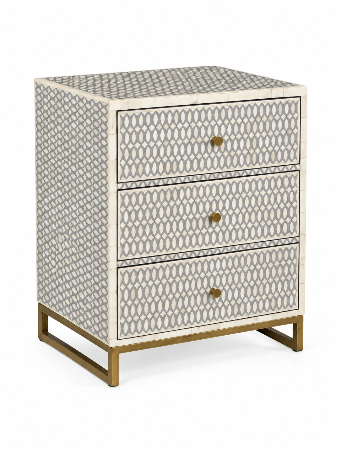 Handmade Grey Bone Inlay 3 Drawer Bedside Table with Brass Legs