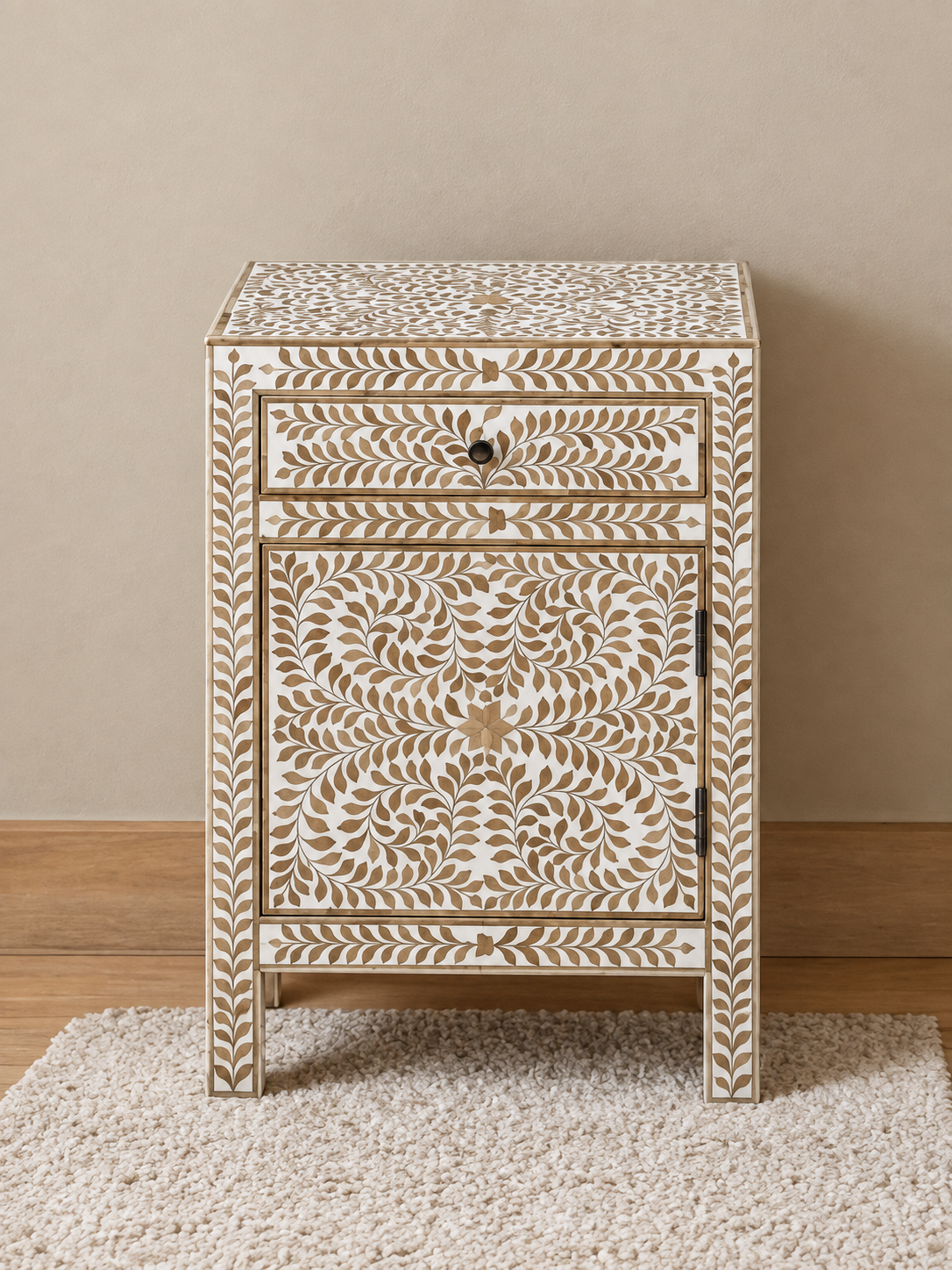Handmade Bone Inlay Floral Bedside Table with Drawer & Cabinet
