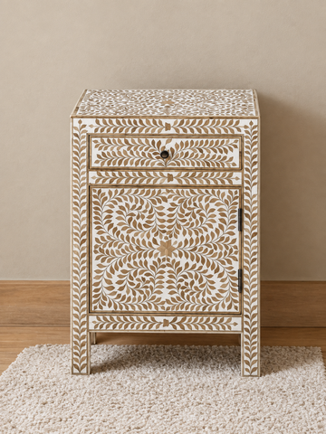 Handmade Bone Inlay Floral Bedside Table with Drawer & Cabinet