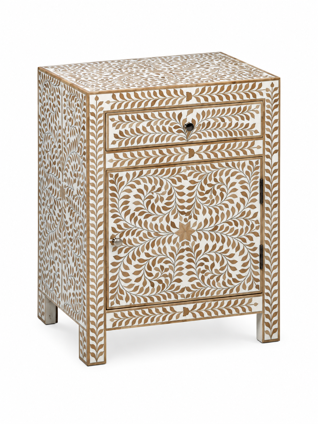 Handmade Bone Inlay Floral Bedside Table with Drawer & Cabinet