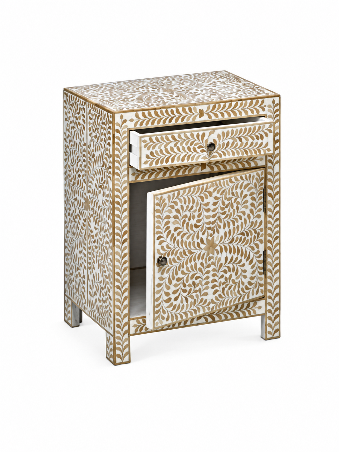 Handmade Bone Inlay Floral Bedside Table with Drawer & Cabinet