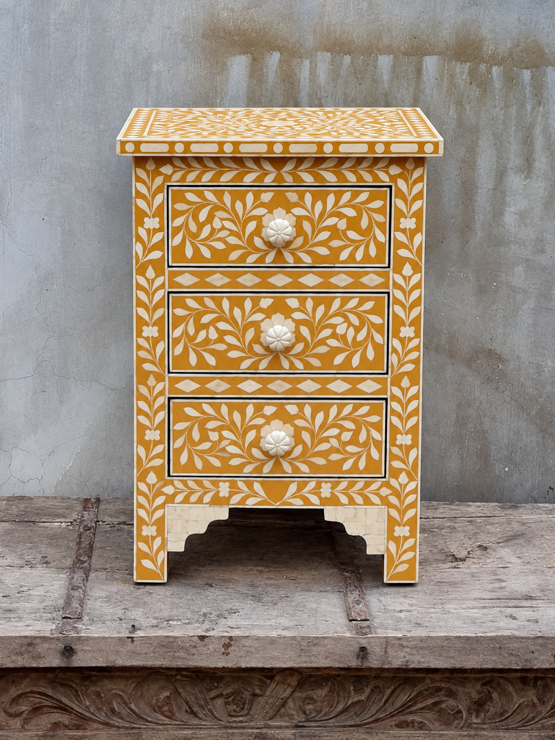 Handmade Mustard Yellow Bone Inlay Floral 3 Drawer Bedside Table
