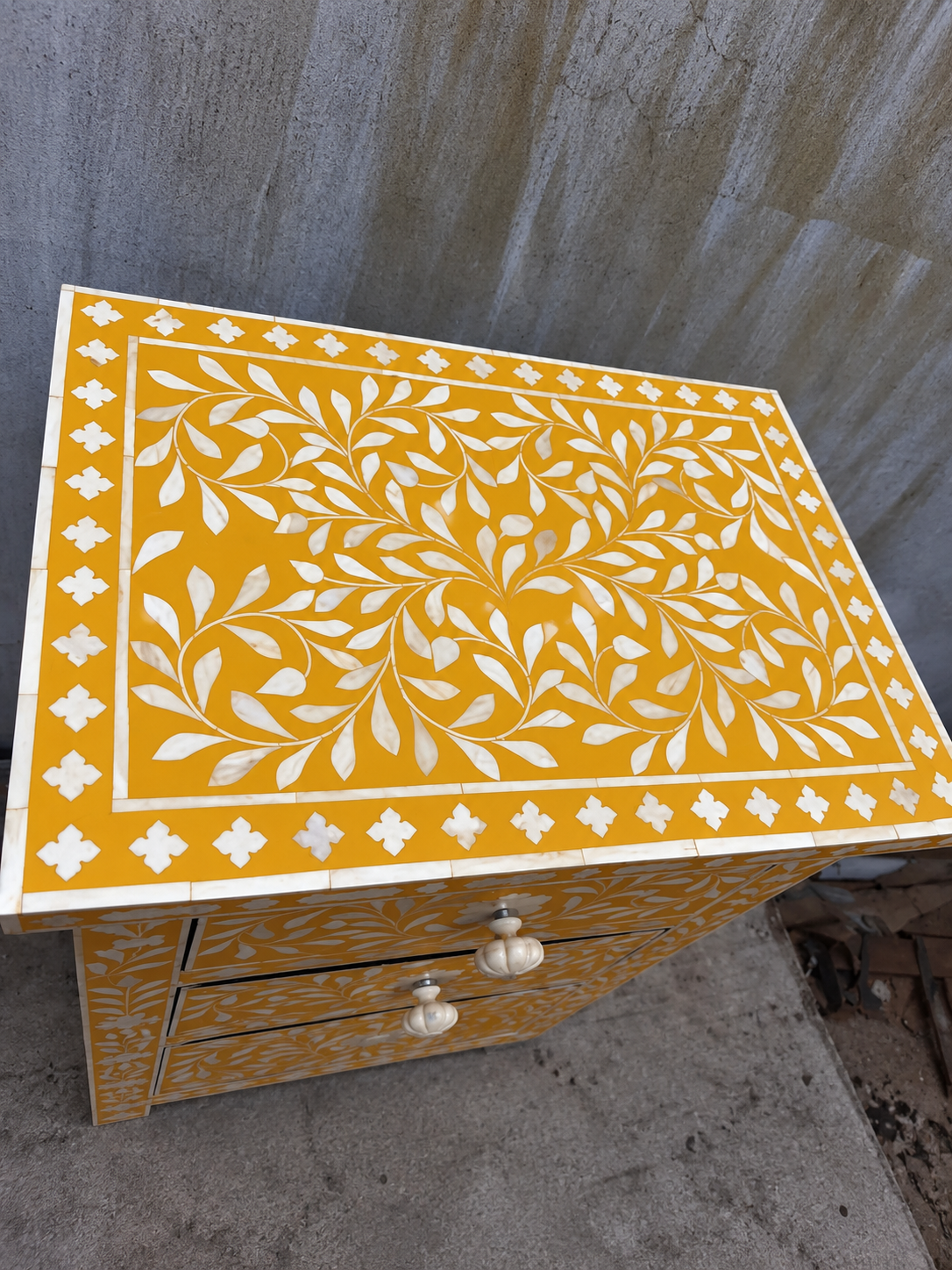 Handmade Mustard Yellow Bone Inlay Floral 3 Drawer Bedside Table