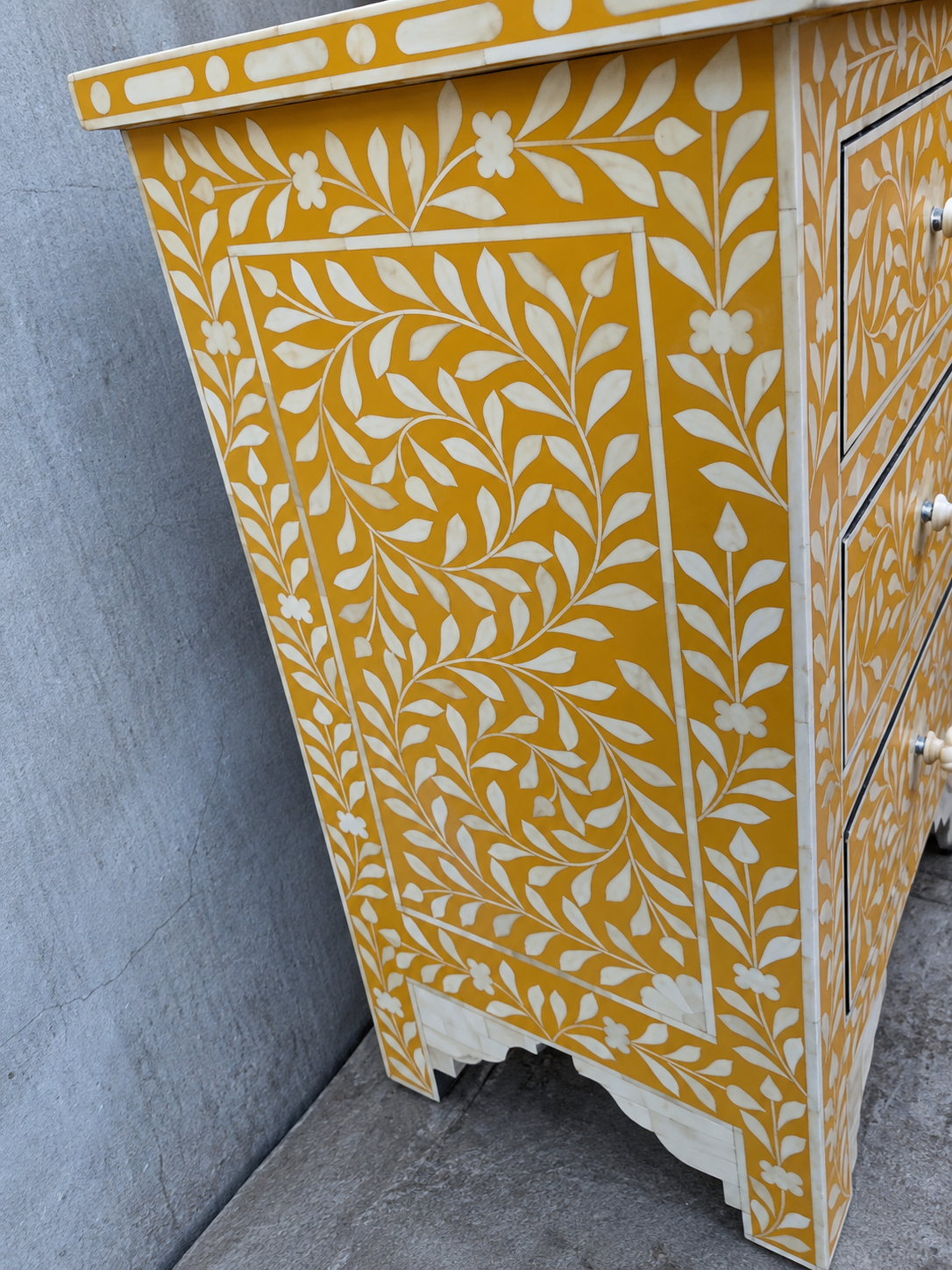 Handmade Mustard Yellow Bone Inlay Floral 3 Drawer Bedside Table