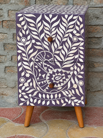 Handmade Purple Bone Inlay Bedside Table – Bird & Floral Design