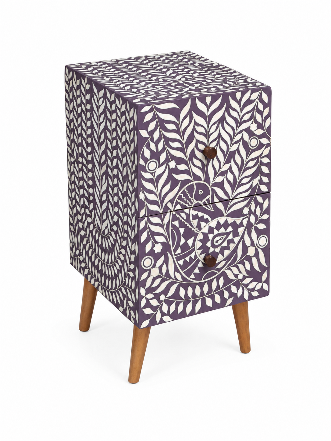 Handmade Purple Bone Inlay Bedside Table – Bird & Floral Design