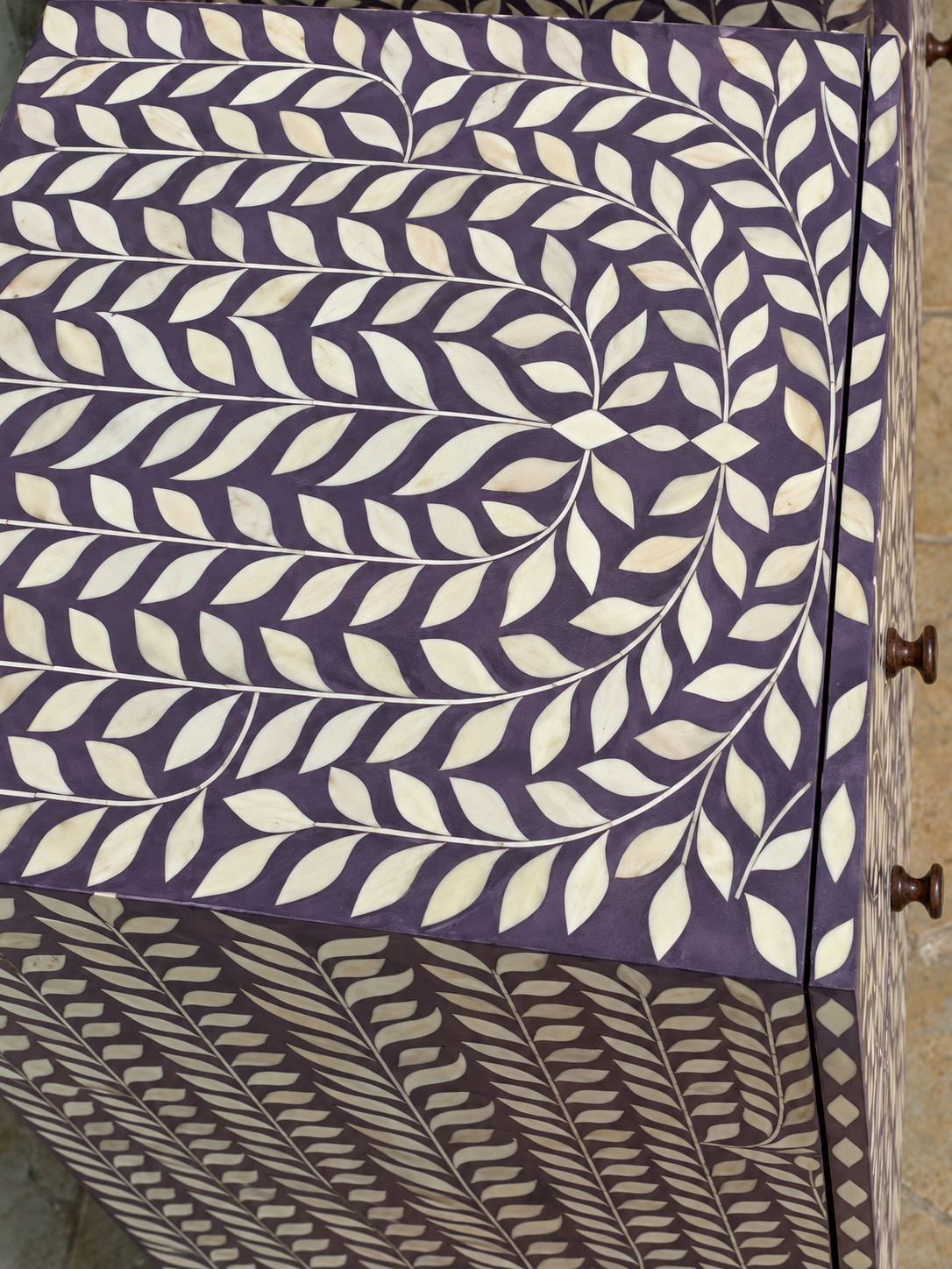 Handmade Purple Bone Inlay Bedside Table – Bird & Floral Design