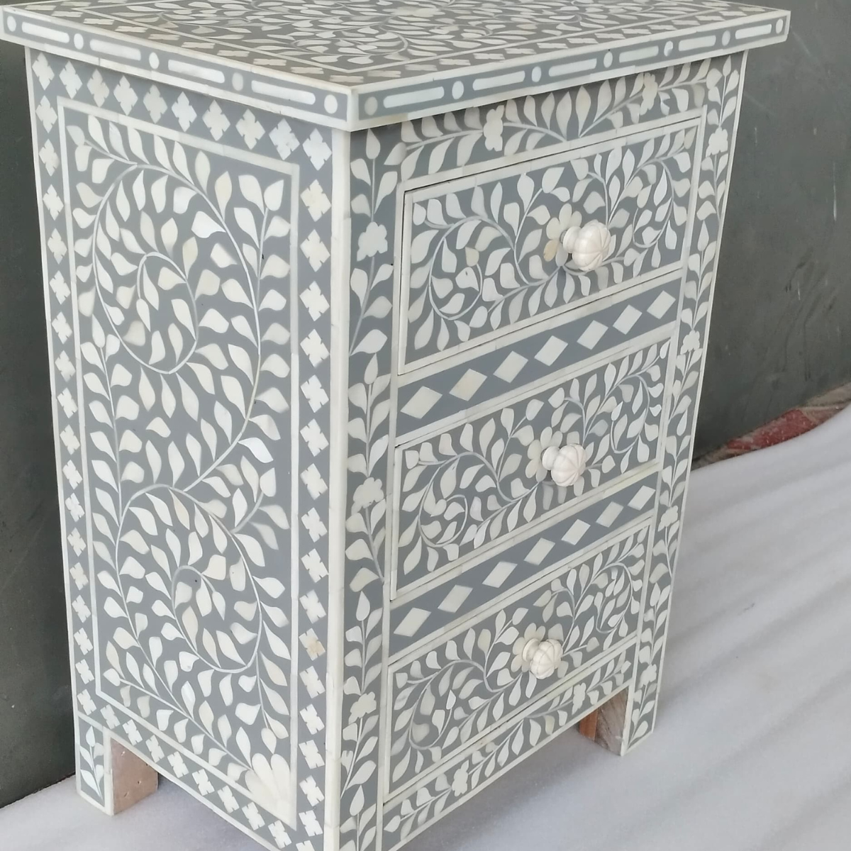 Handmade Grey Bone Inlay 3 Drawer Bedside Table | Floral Nightstand
