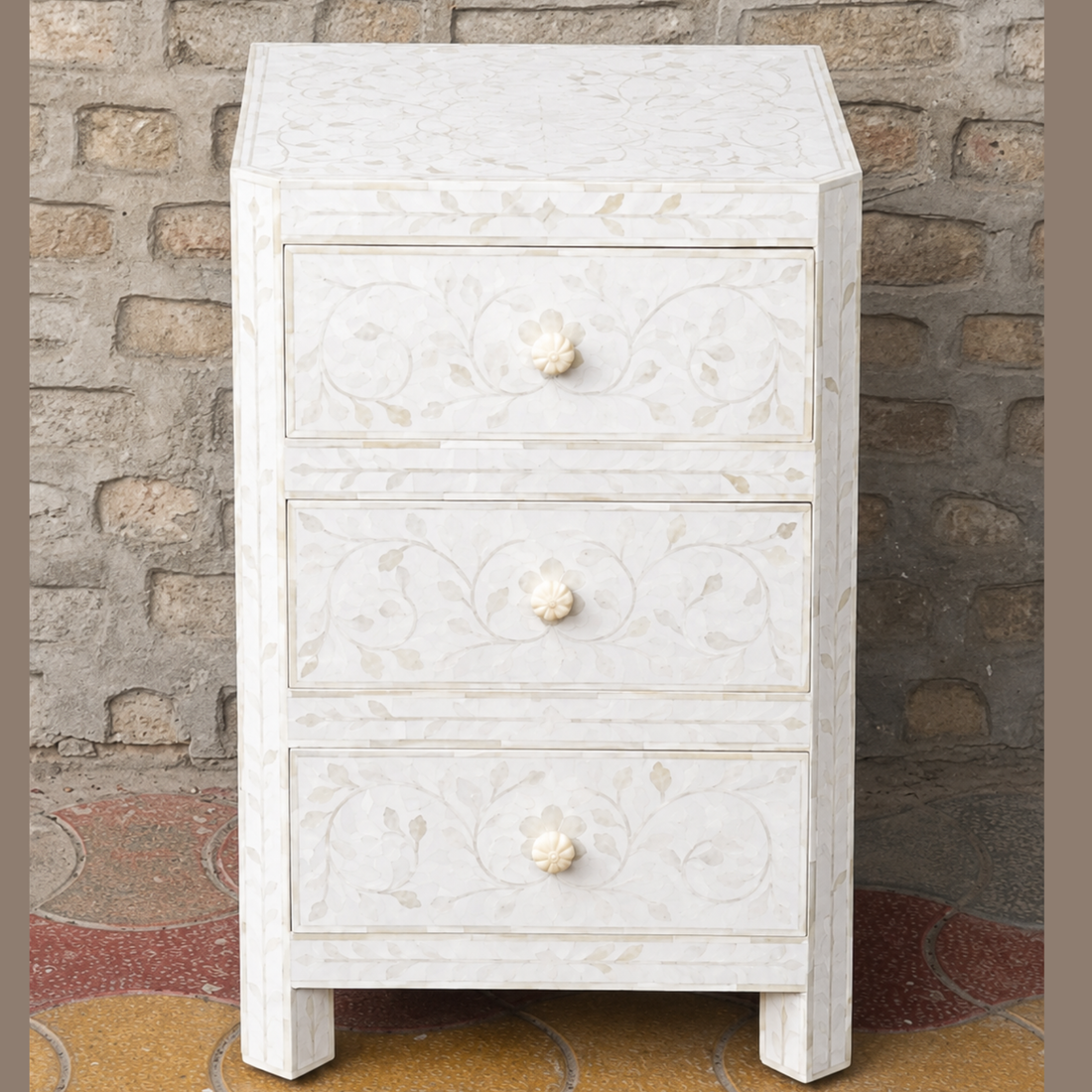 White Floral Bone Inlay Bedside Table – Handmade 3-Drawer Nightstand