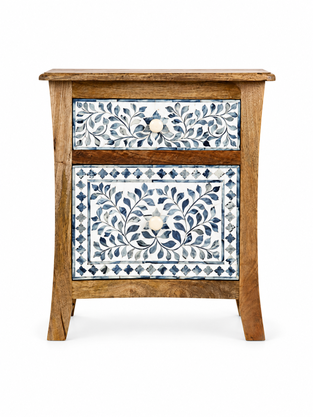 Handmade Blue Bone Inlay Bedside Table – Floral Wooden 2 Drawer Nightstand