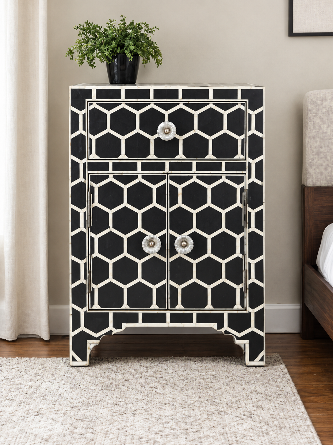 Handmade Black & White Bone Inlay Cabinet – Honeycomb 1 Drawer 2 Door Storage Chest