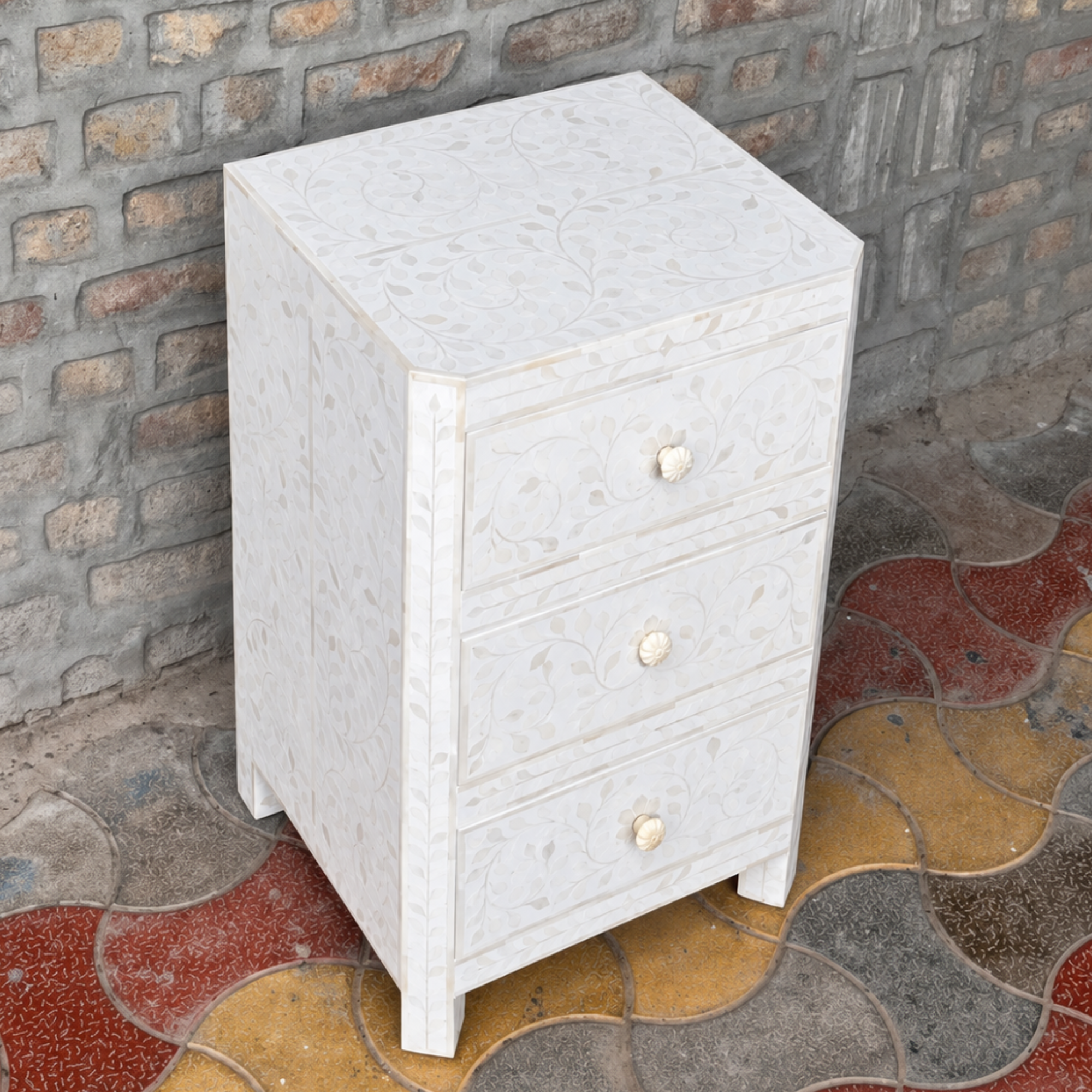 White Floral Bone Inlay Bedside Table – Handmade 3-Drawer Nightstand