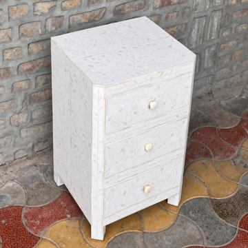 White Floral Bone Inlay Bedside Table – Handmade 3-Drawer Nightstand