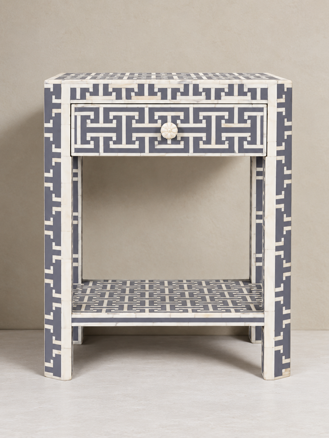 Handmade Grey Bone Inlay Bedside Table – Geometric 1 Drawer Nightstand