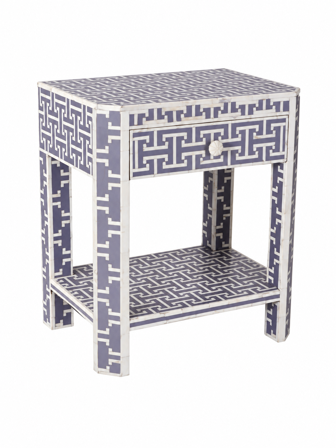 Handmade Grey Bone Inlay Bedside Table – Geometric 1 Drawer Nightstand