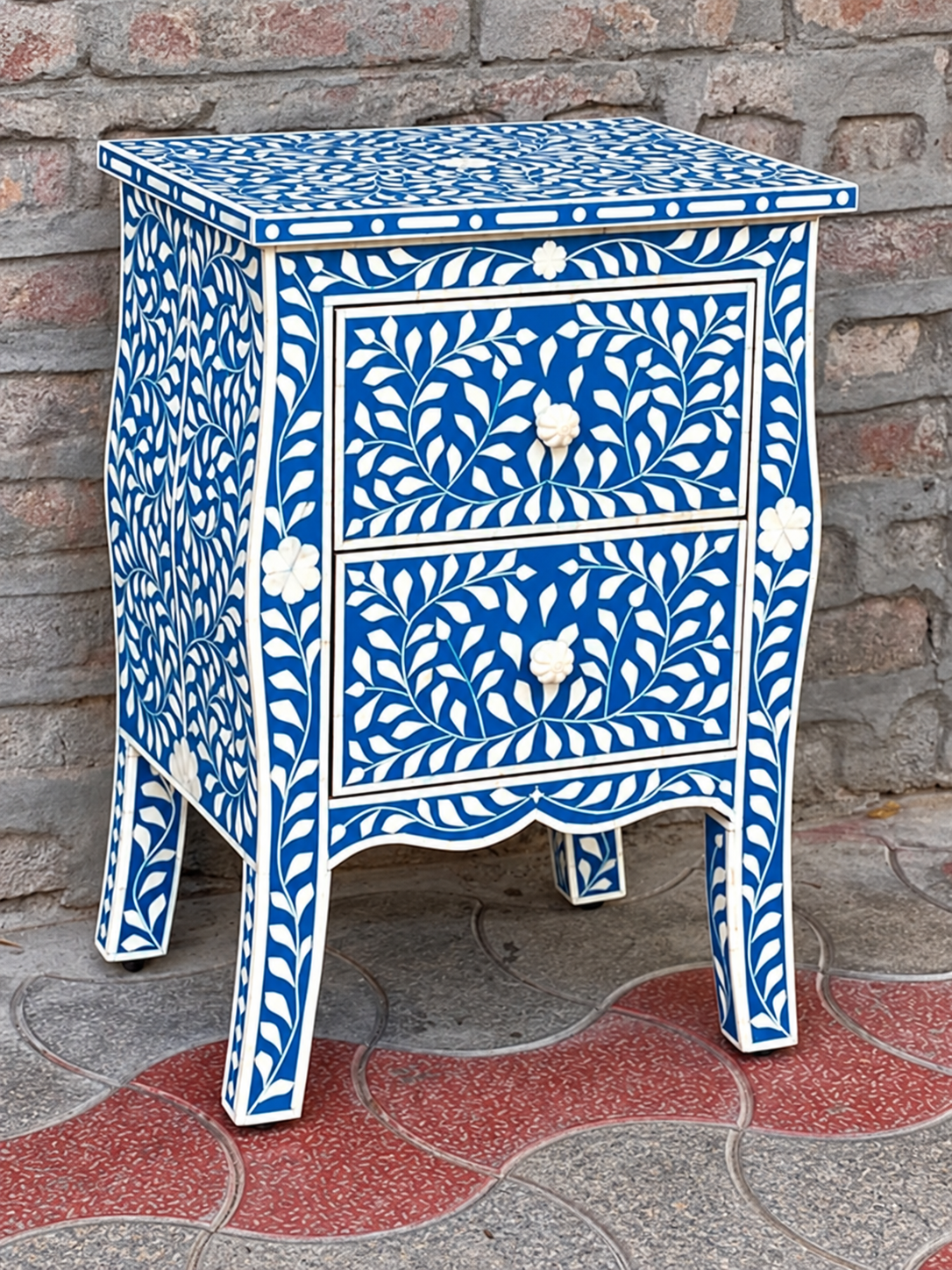 Handmade Blue Bone Inlay Bedside Table – Floral 2 Drawer Nightstand