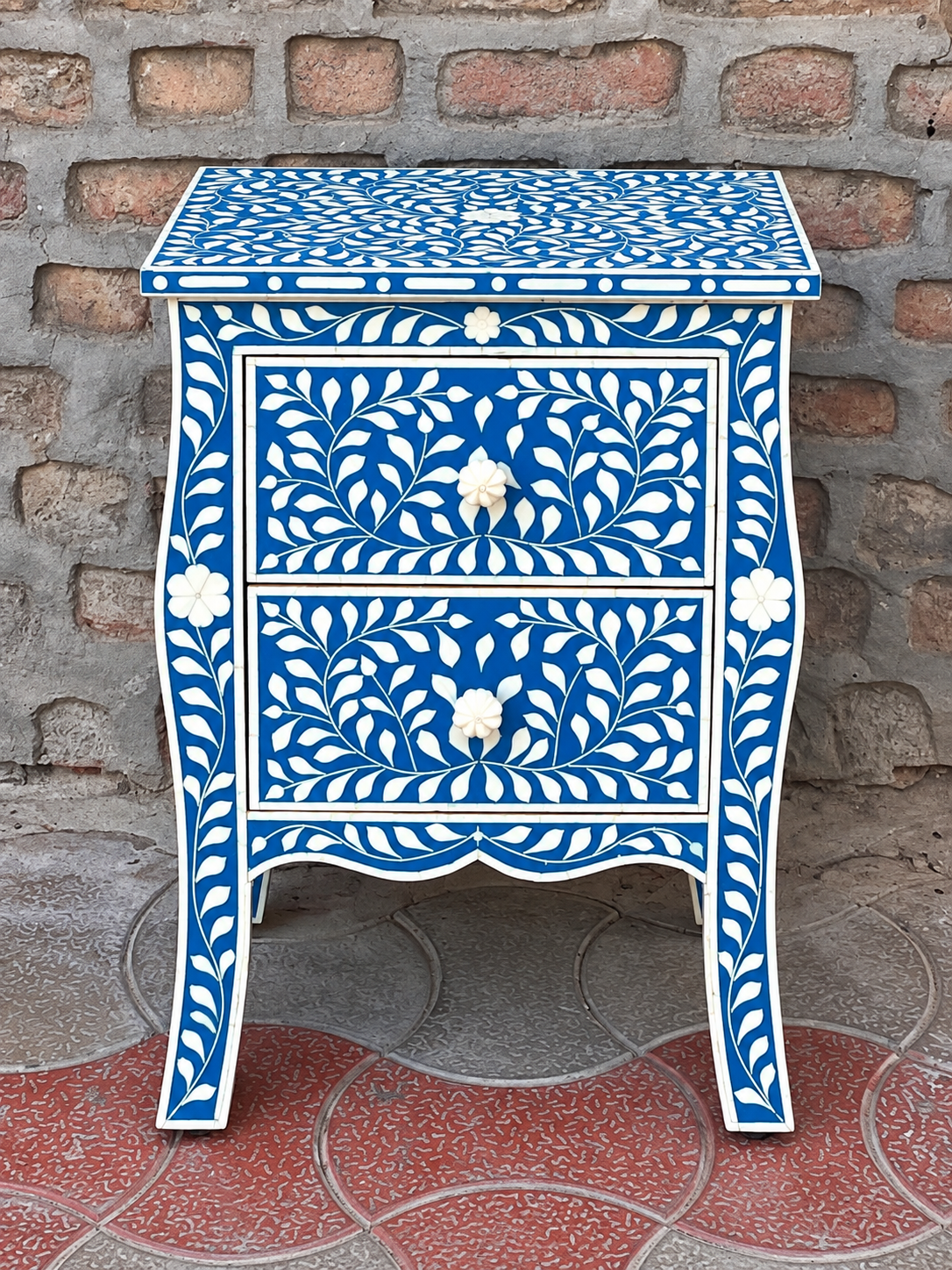 Handmade Blue Bone Inlay Bedside Table – Floral 2 Drawer Nightstand