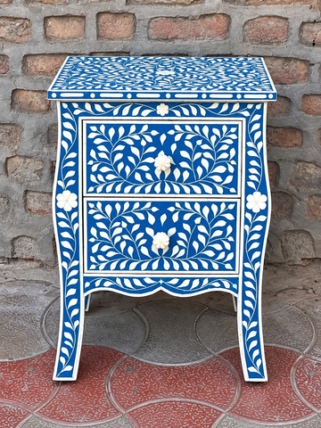 Handmade Blue Bone Inlay Bedside Table – Floral 2 Drawer Nightstand
