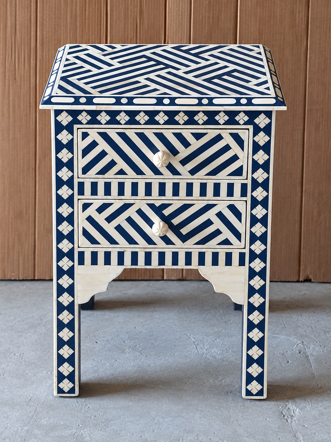 Handmade Blue Bone Inlay Bedside Table – Geometric 2 Drawer Nightstand