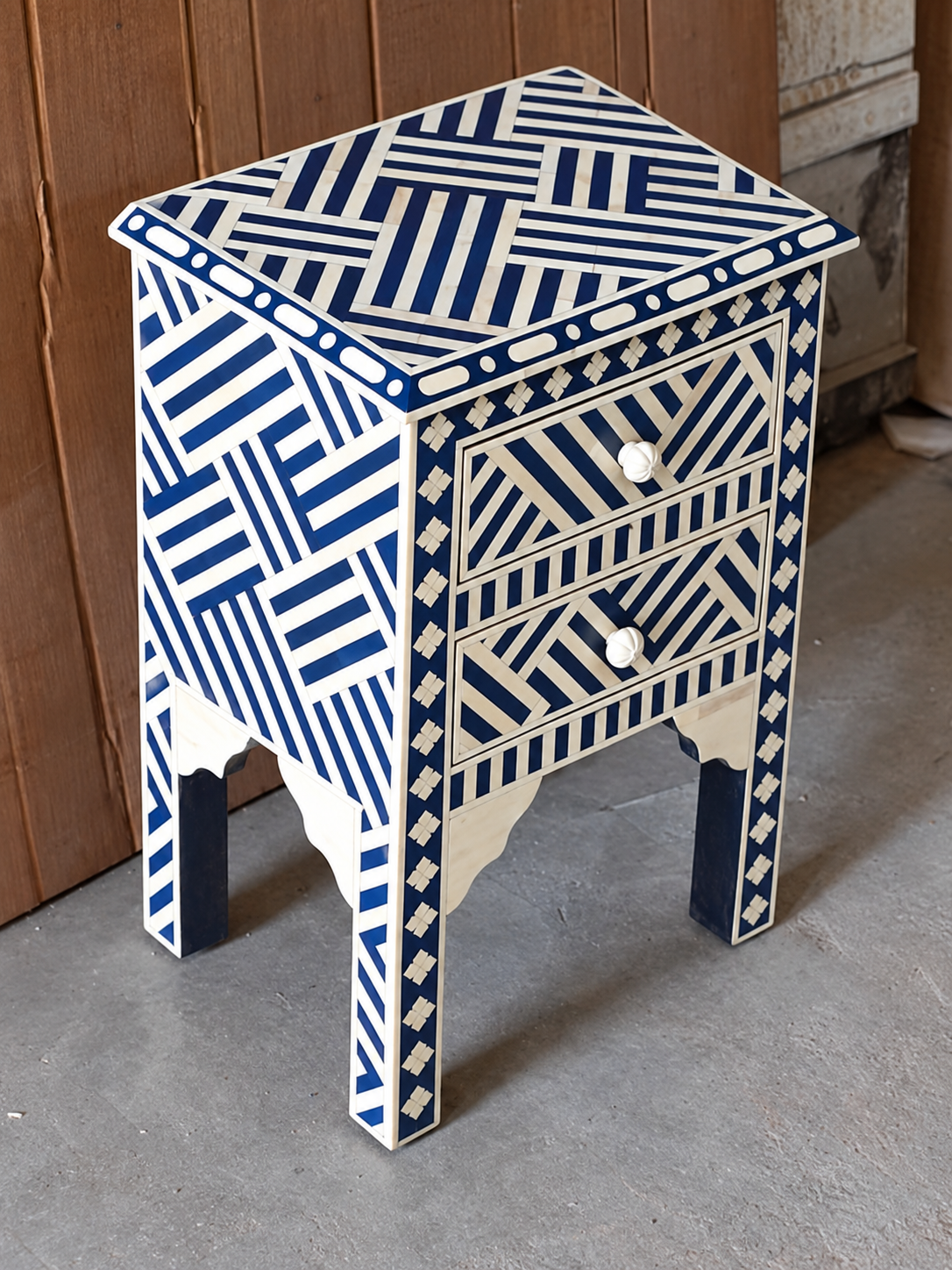 Handmade Blue Bone Inlay Bedside Table – Geometric 2 Drawer Nightstand
