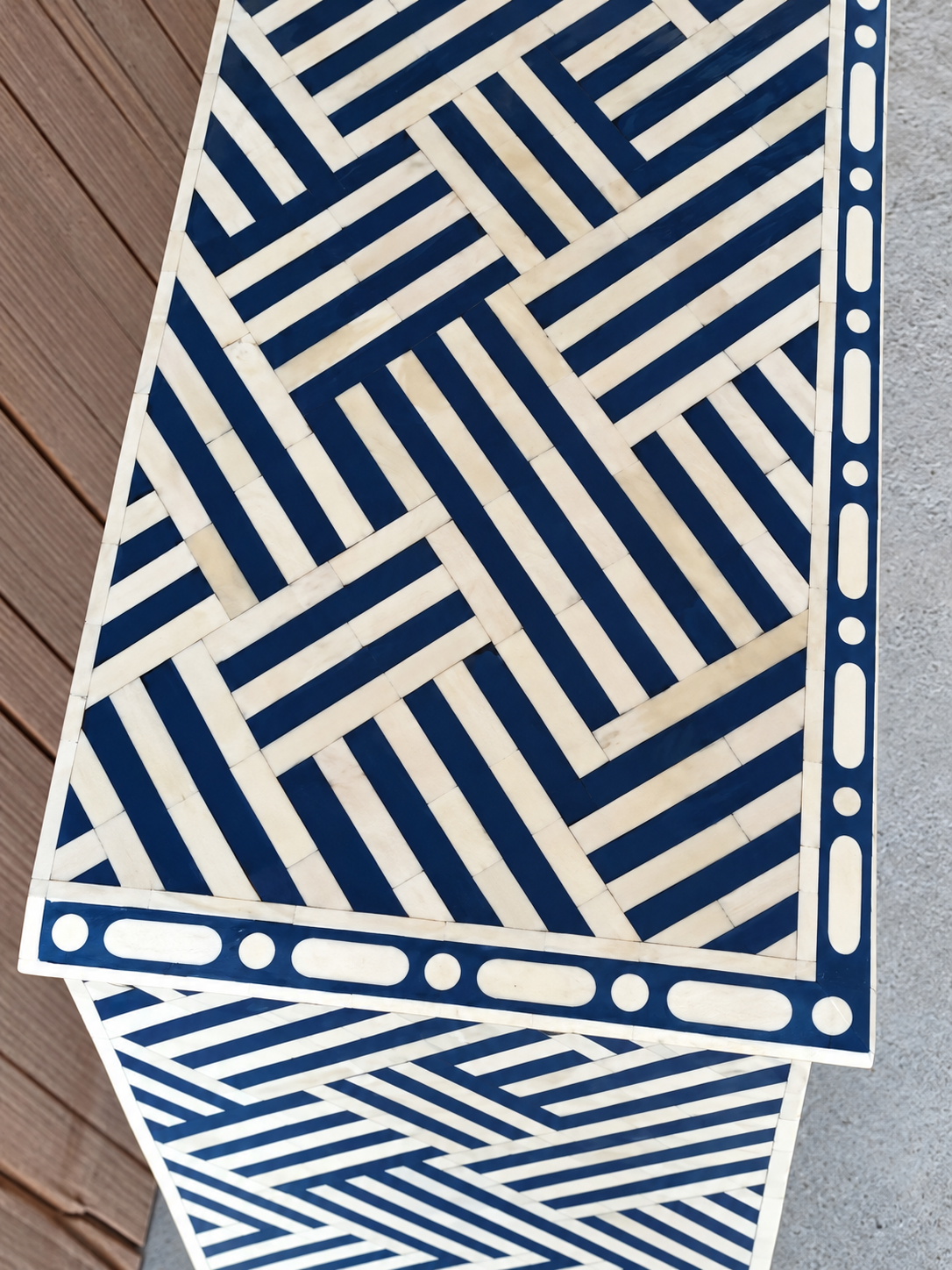 Handmade Blue Bone Inlay Bedside Table – Geometric 2 Drawer Nightstand
