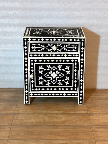 Handmade Black Bone Inlay Bedside Table – Floral 1 Drawer & Cabinet