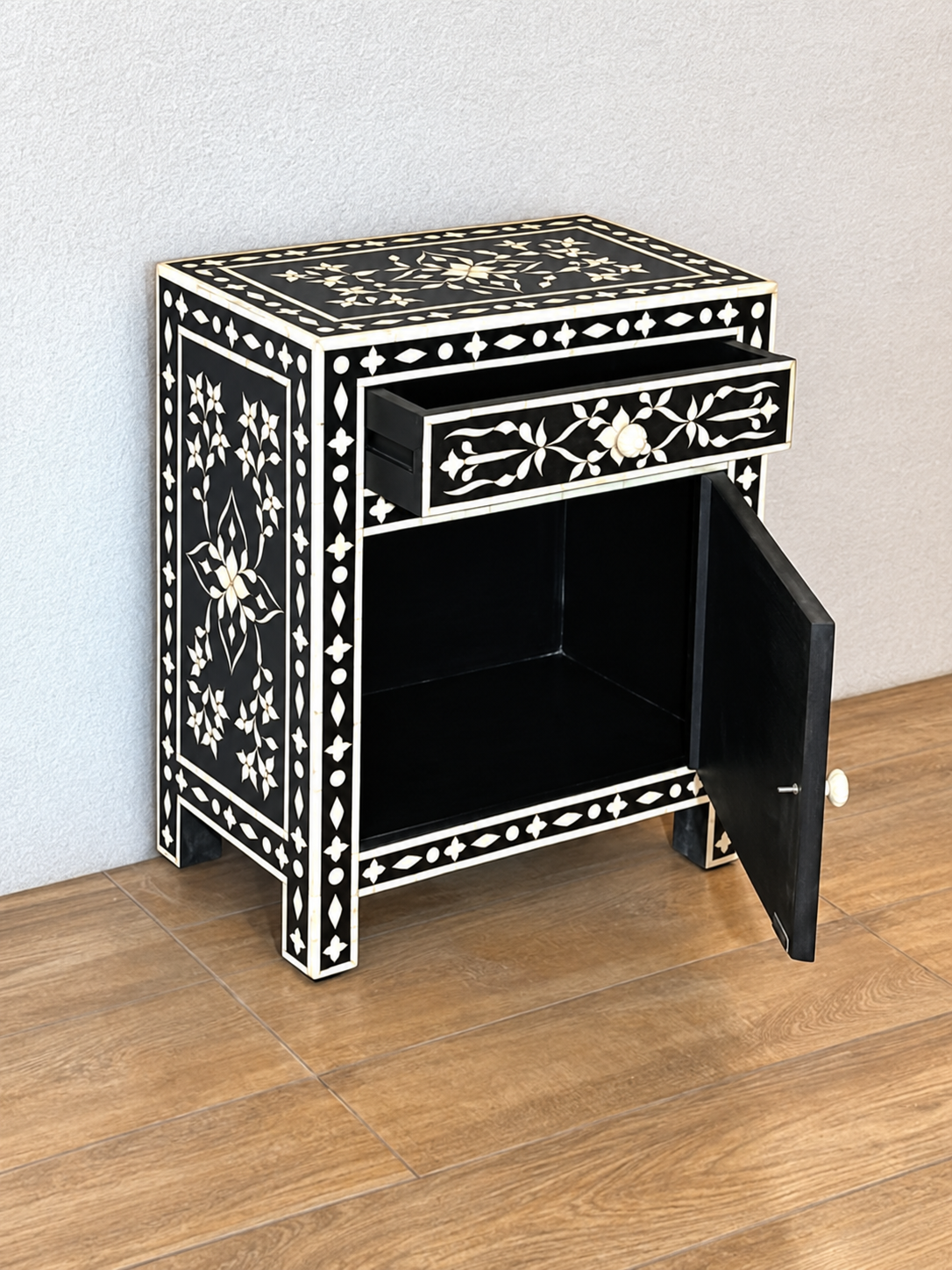 Handmade Black Bone Inlay Bedside Table – Floral 1 Drawer & Cabinet