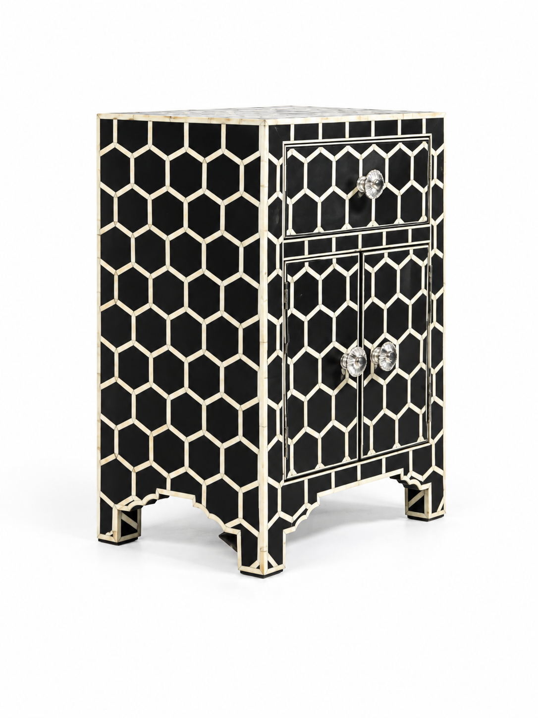 Handmade Black & White Bone Inlay Cabinet – Honeycomb 1 Drawer 2 Door Storage Chest