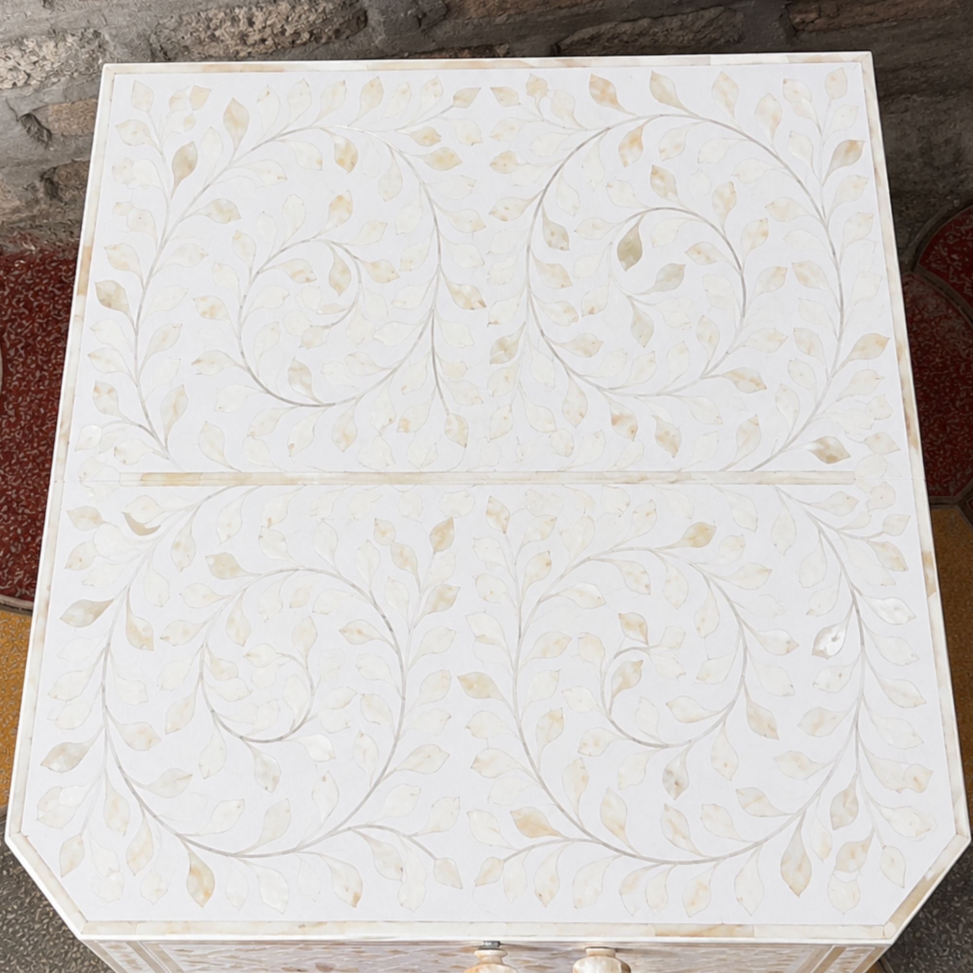 White Floral Bone Inlay Bedside Table – Handmade 3-Drawer Nightstand