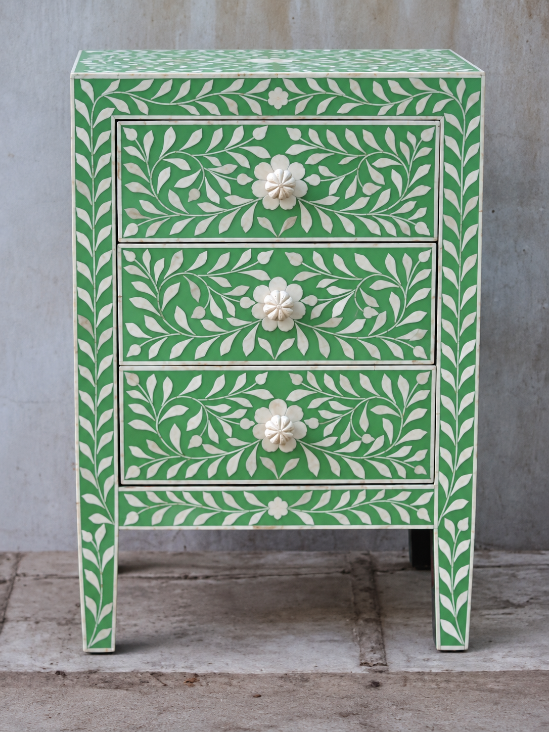 Handmade Green Bone Inlay Bedside Table – Floral 3 Drawer Nightstand