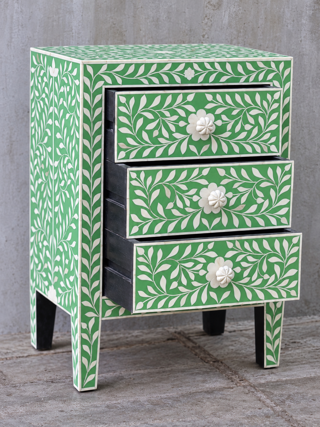 Handmade Green Bone Inlay Bedside Table – Floral 3 Drawer Nightstand