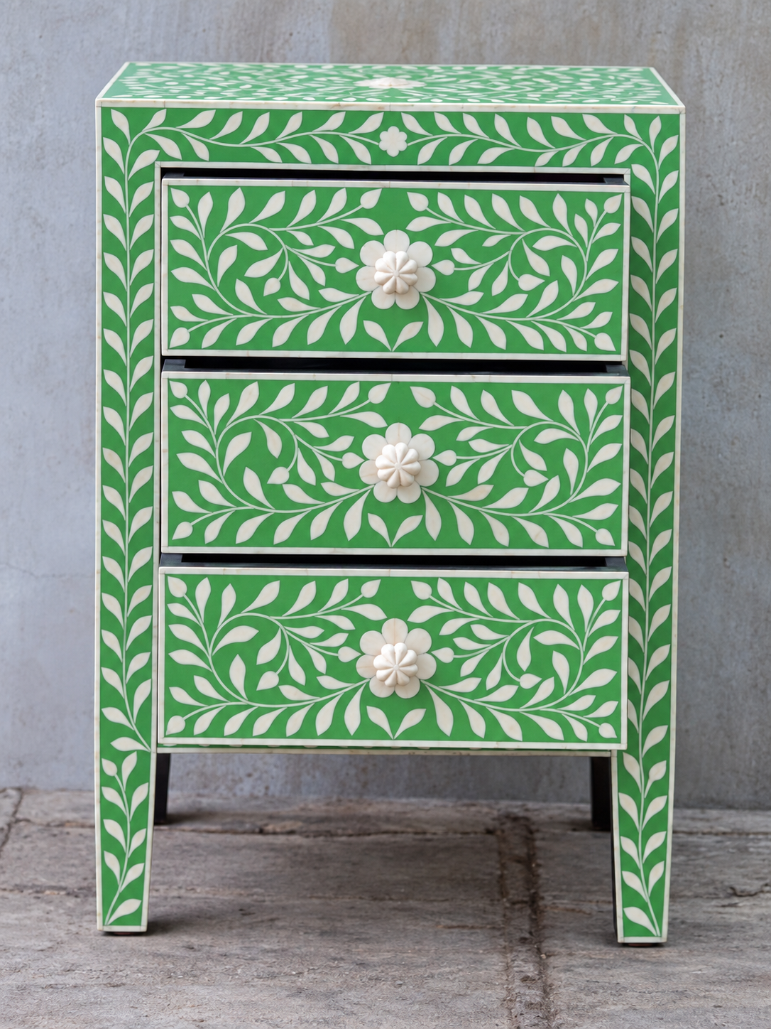 Handmade Green Bone Inlay Bedside Table – Floral 3 Drawer Nightstand