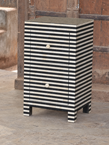 Handmade Black & White Bone Inlay Bedside Table – Striped 2 Door Cabinet