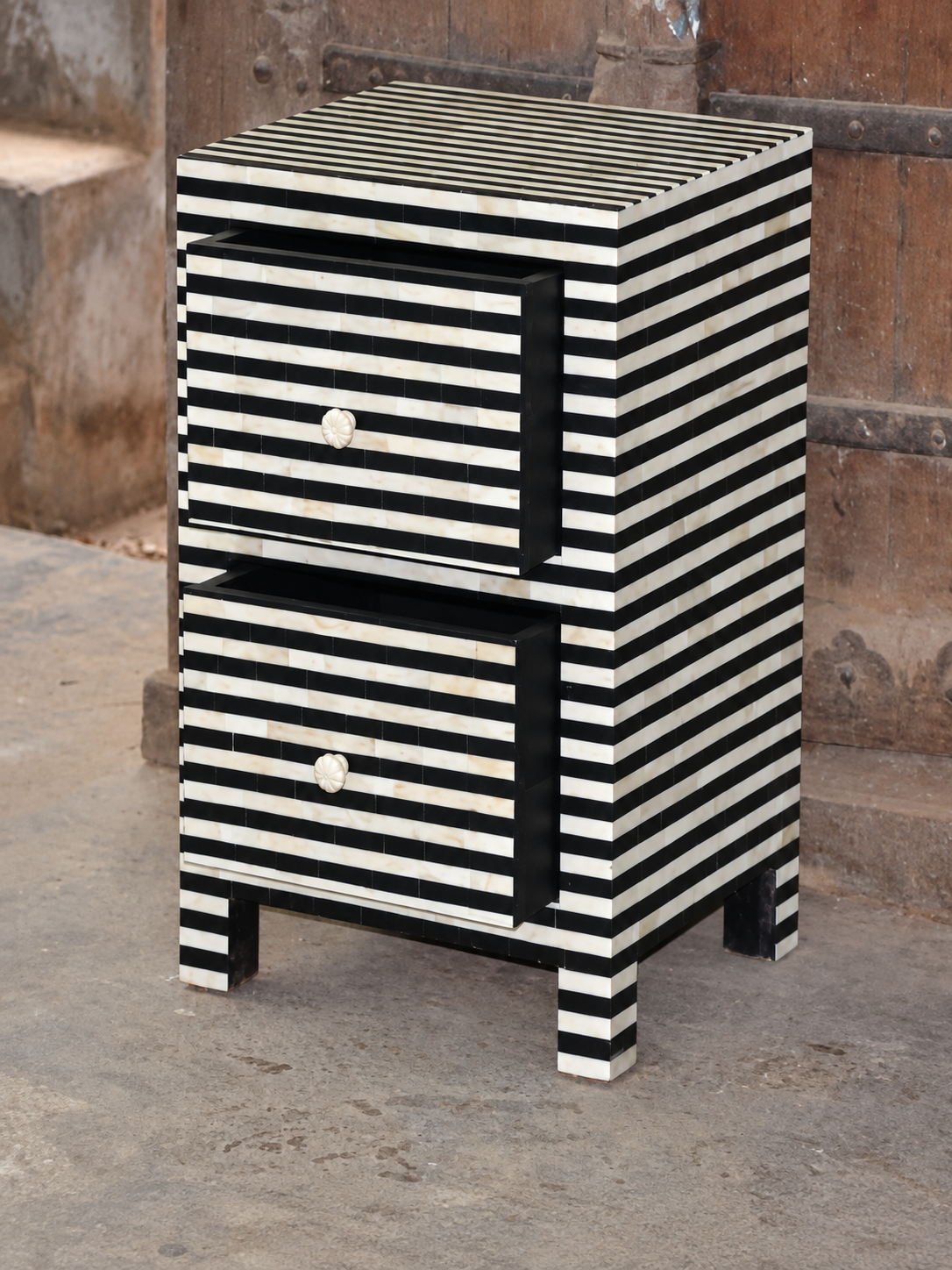 Handmade Black & White Bone Inlay Bedside Table – Striped 2 Door Cabinet