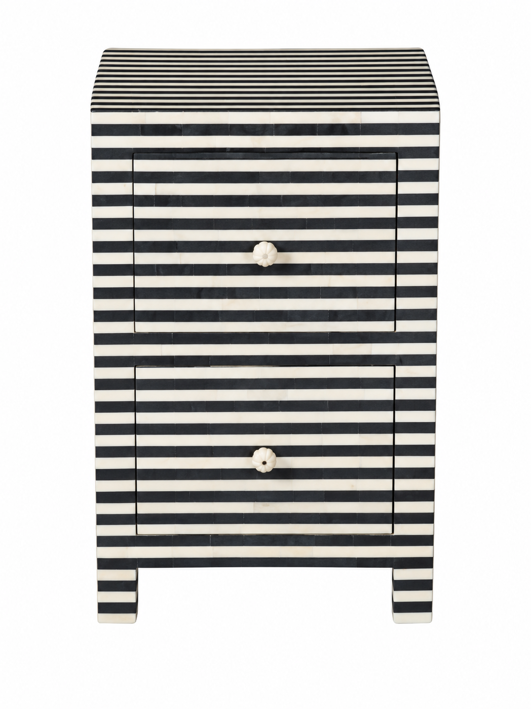 Handmade Black & White Bone Inlay Bedside Table – Striped 2 Door Cabinet
