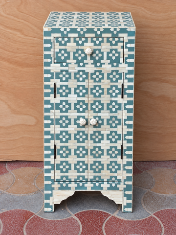 Handmade Teal Blue & White Bone Inlay Bedside Cabinet – 1 Drawer 2 Door Nightstand
