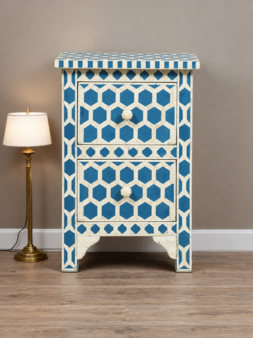 Handmade Blue & White Bone Inlay Bedside Table – Geometric 2 Drawer Nightstand