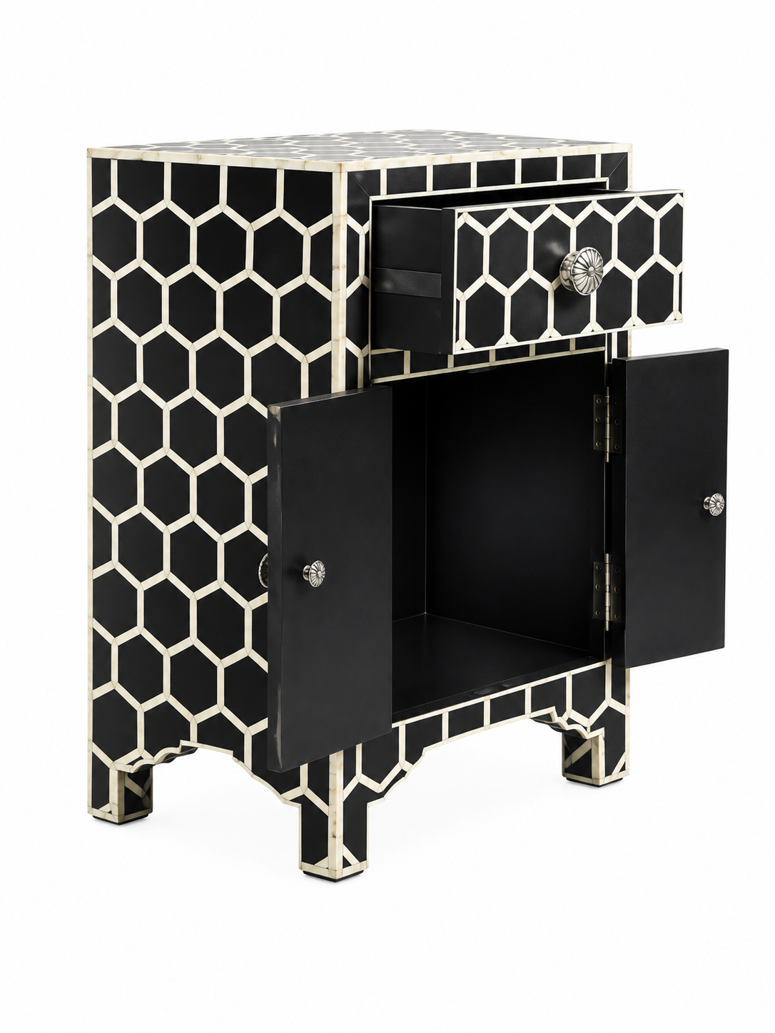 Handmade Black & White Bone Inlay Cabinet – Honeycomb 1 Drawer 2 Door Storage Chest