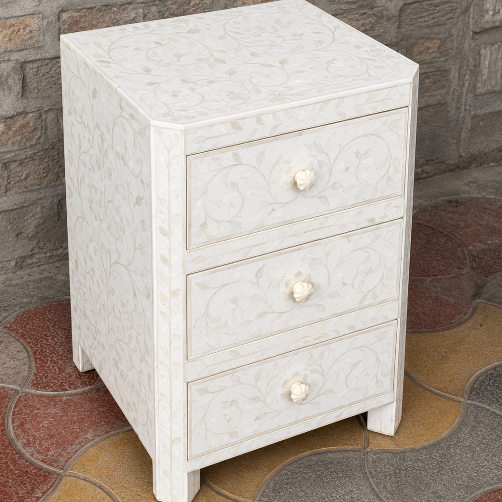 White Floral Bone Inlay Bedside Table – Handmade 3-Drawer Nightstand