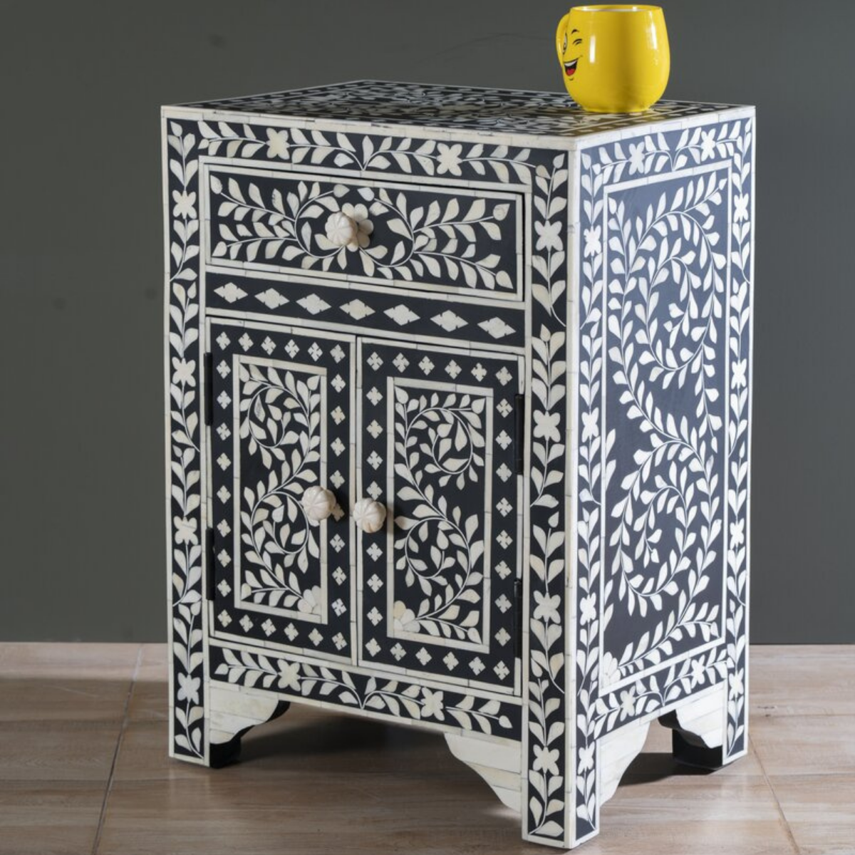 Handmade Black Floral Bone Inlay Bedside Table | Luxury Nightstand with Drawer & Cabinet