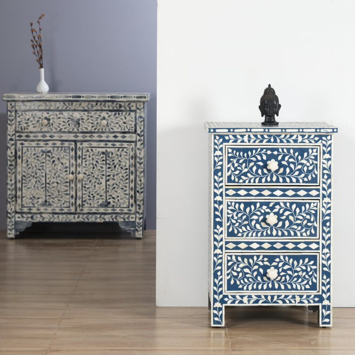 Handmade Blue Floral Bone Inlay 3 Drawer Bedside Table | Luxury Nightstand
