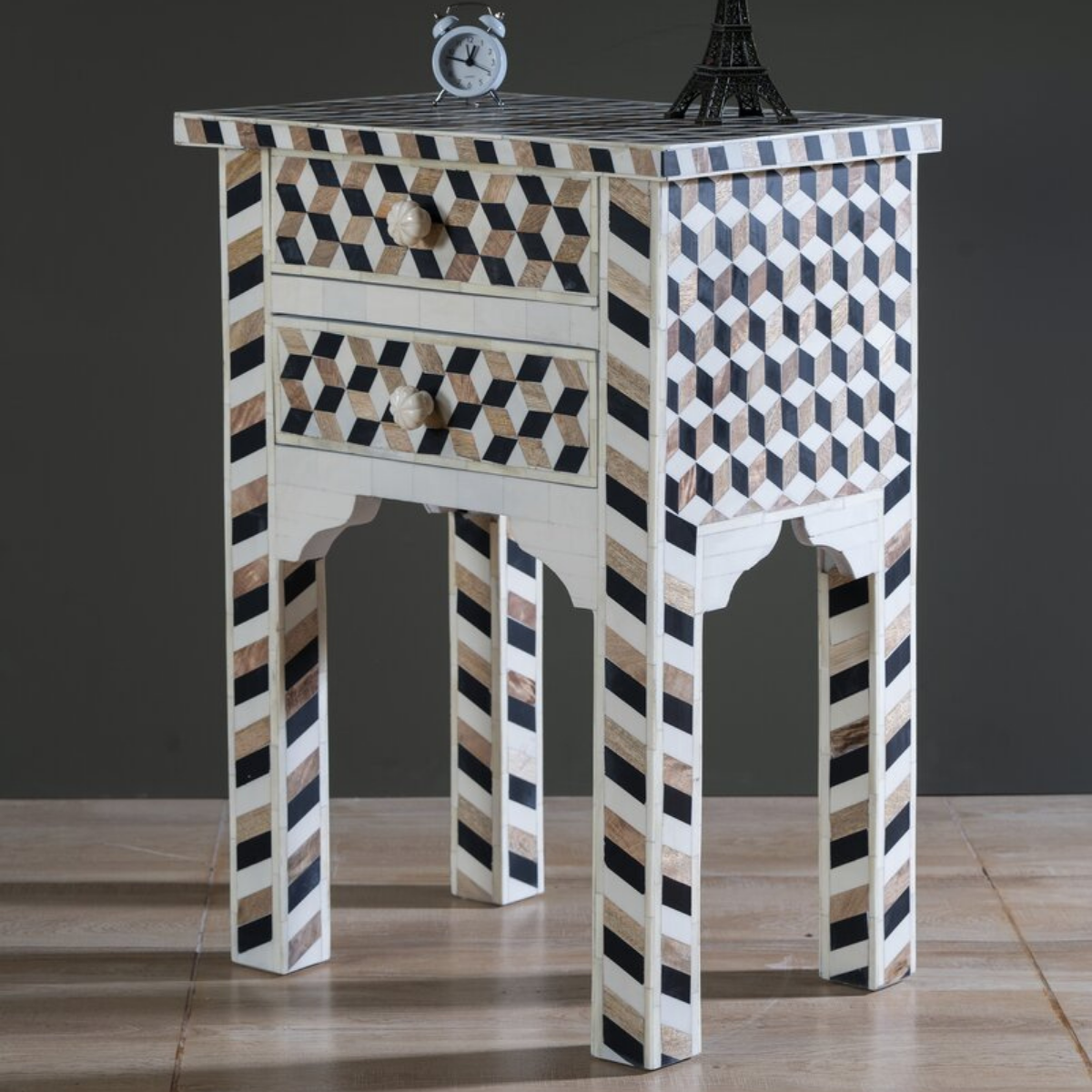 Handmade Geometric Bone Inlay Bed Side Table with Drawers