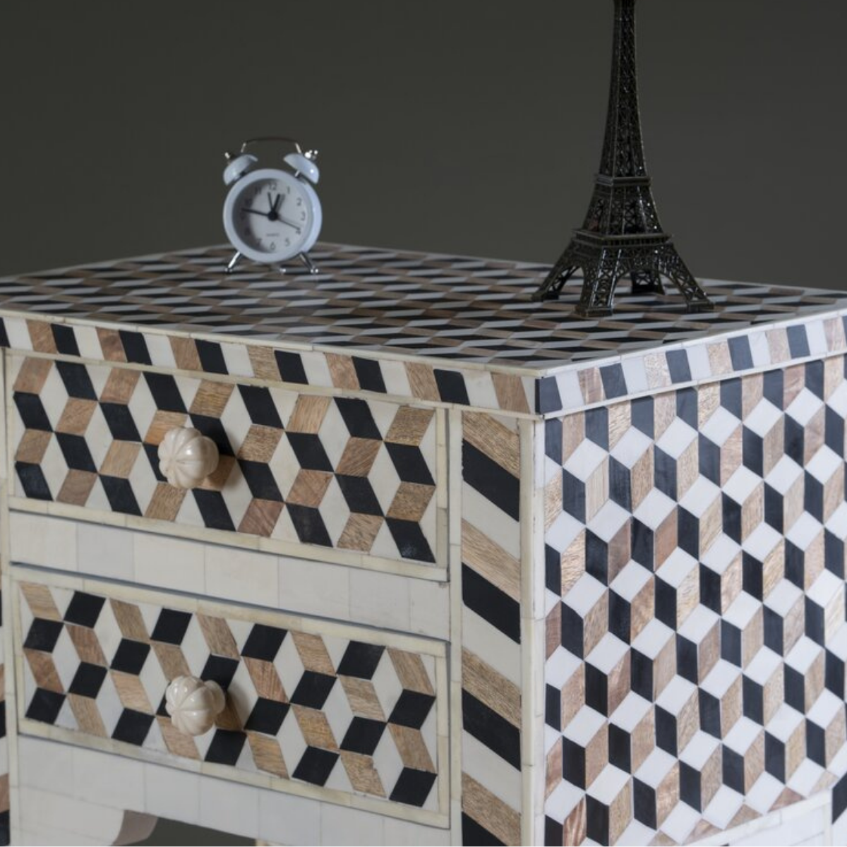 Handmade Geometric Bone Inlay Bed Side Table with Drawers