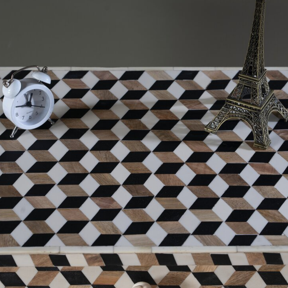 Handmade Geometric Bone Inlay Bed Side Table with Drawers