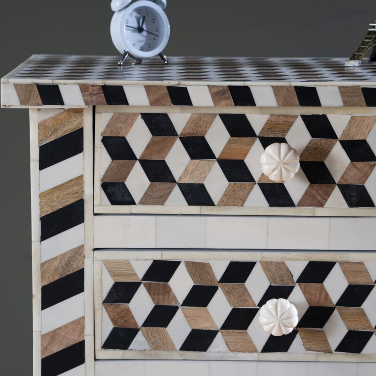 Handmade Geometric Bone Inlay Bed Side Table with Drawers