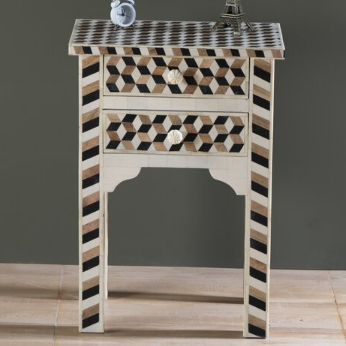Handmade Geometric Bone Inlay Bed Side Table with Drawers